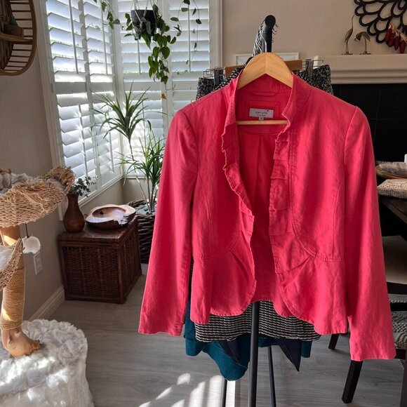 Per Una Blazer Womens Size 10 Faded Pink 100% Flax Linen Ruffles Jacket Natural - Picture 16 of 16
